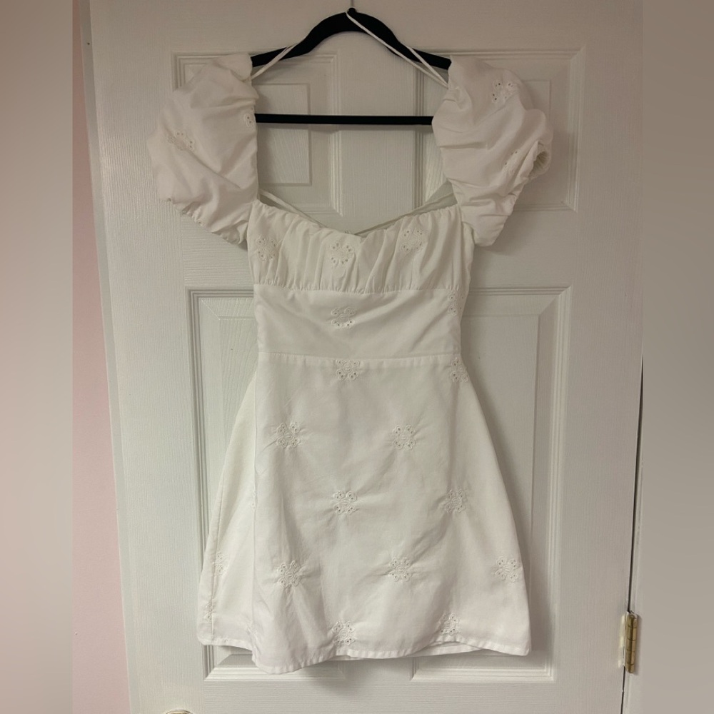 Zara white mini dress with tie back and puff sleeves